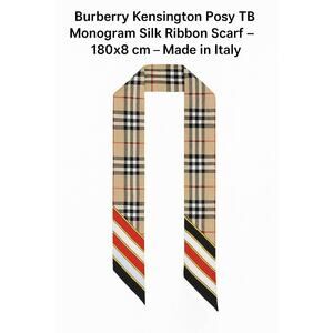Burberry Skinny Silk Ribbon Scarf TB Monogram Kensington Posy 71" Made In Italy